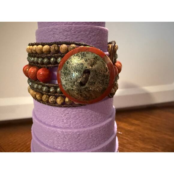 Beaded Leather Wrap Bracelet BOHO Button - Picture 2 of 3